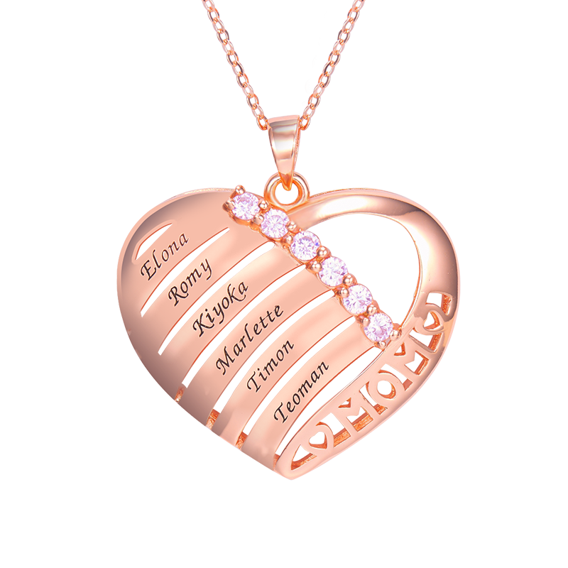 Engraved Heart Pendant Family Birthstone Necklace for Moms in 925