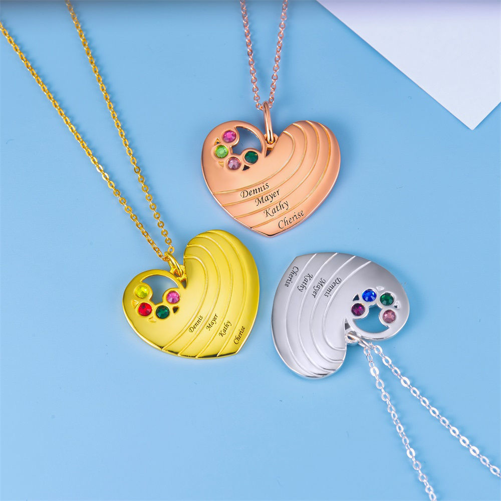 Personalized Heart Pendant Necklace with Name & Birthstones in Sterling